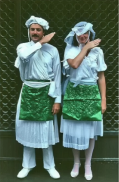 Couple demonstrating former LDS Temple throat-slitting penalty gesture associated with secrecy